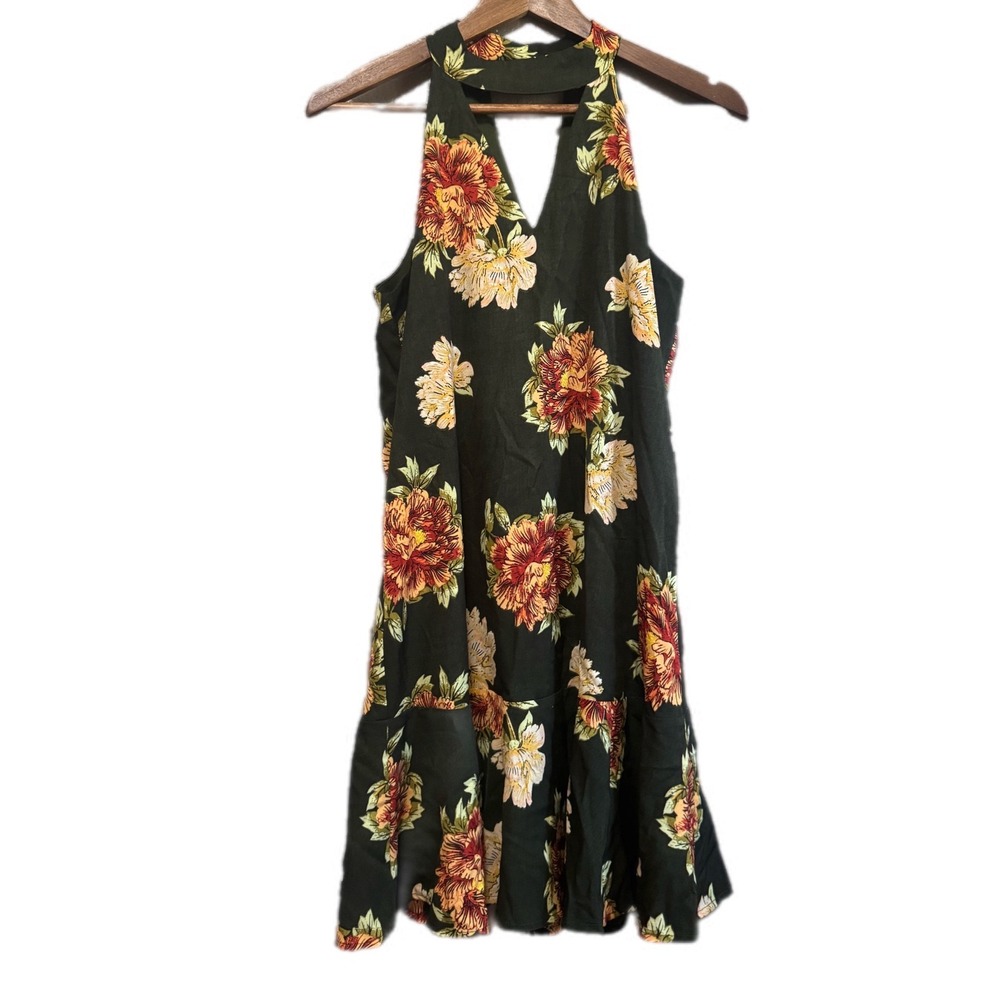 Entro Floral Halter Mini Dress Womens S Green Excellent Boho Ruffle Tiered Hem